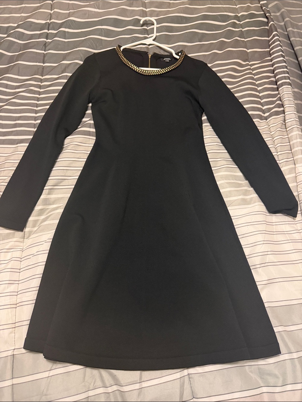XOXO Black Long-Sleeve A-Line Dress with Gold-Trim Neckline